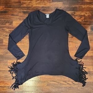 Festival VENUS Black Asymmetrical Long Sleeve Tunic with Fringe Detail